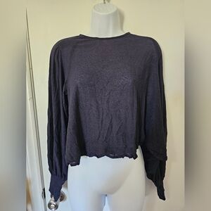 Free People Billie Indigo Ink Cropped Long Sleeve Sheer Blouse NWT Size XS